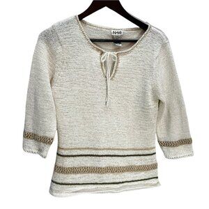𝅺vintage 90's Nomi🎀Cotton Blend Beige Boho Sweater Tie Neckline Size M